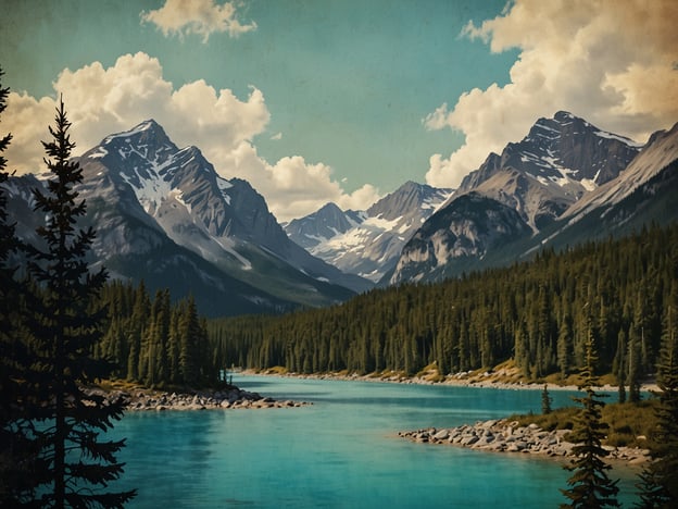 Das Bild zeigt eine atemberaubende Landschaft im Jasper Nationalpark. Die majestätischen Berge sind mit schneebedeckten Gipfeln versehen und umgeben von üppigen Wäldern. Der klare, turquoise Fluss schlängelt sich durch die Gegend und spiegelt die Schönheit der Wolken am Himmel wider. Diese Szene lädt dazu ein, die Wunder von Jasper Nationalpark zu erkunden und die beeindruckende Natur in vollen Zügen zu genießen.