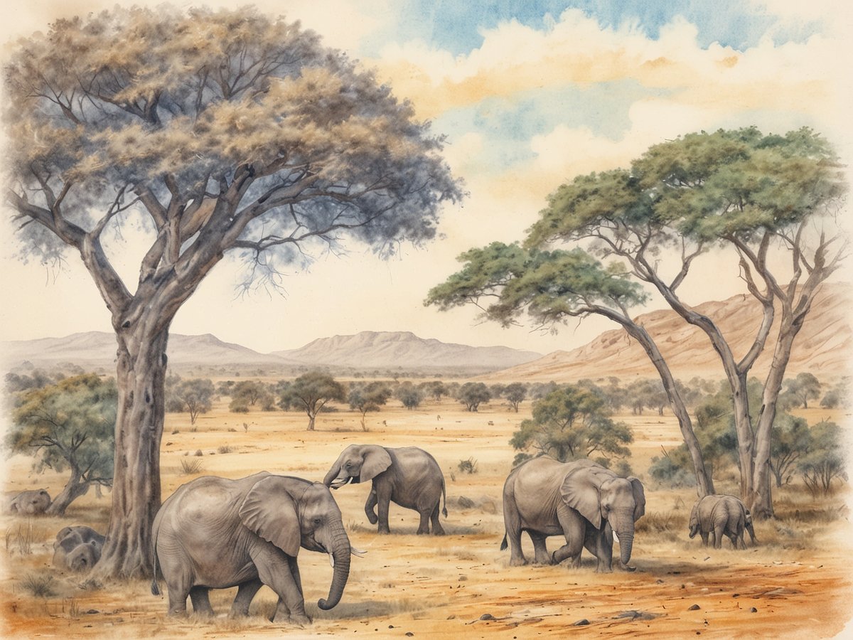 Eine bezaubernde Landschaft in Simbabwe zeigt mehrere Elefanten, die majestätisch im offenen, sonnigen Gelände wandern. Umgeben von Akazienbäumen und sanften Hügeln erstreckt sich die weite Savanne. Die Elefanten, darunter ein Jungtier, bewegen sich harmonisch in ihrer natürlichen Umgebung. Der Himmel ist hellblau mit einigen zarten Wolken, die einen ruhigen, friedlichen Eindruck hinterlassen.