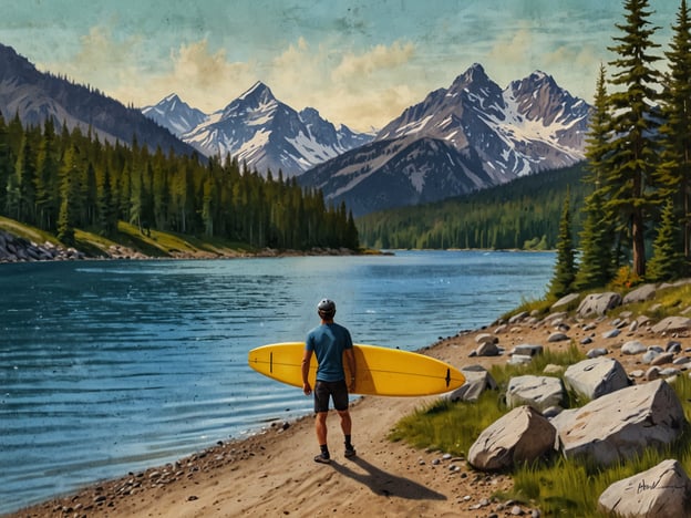 Auf dem Bild ist ein Mann zu sehen, der an einem klaren See steht und ein gelbes Surfbrett oder Stand-Up-Paddle-Board hält. Im Hintergrund erstrecken sich majestätische Berge, die teilweise mit Schnee bedeckt sind, und der Uferbereich ist von Bäumen umgeben. Diese Szene eignet sich hervorragend für Outdoor-Abenteuer wie Paddeln, Wandern oder einfach die Natur zu genießen. Es vermittelt ein Gefühl von Freiheit und Abenteuer in einer malerischen Umgebung.