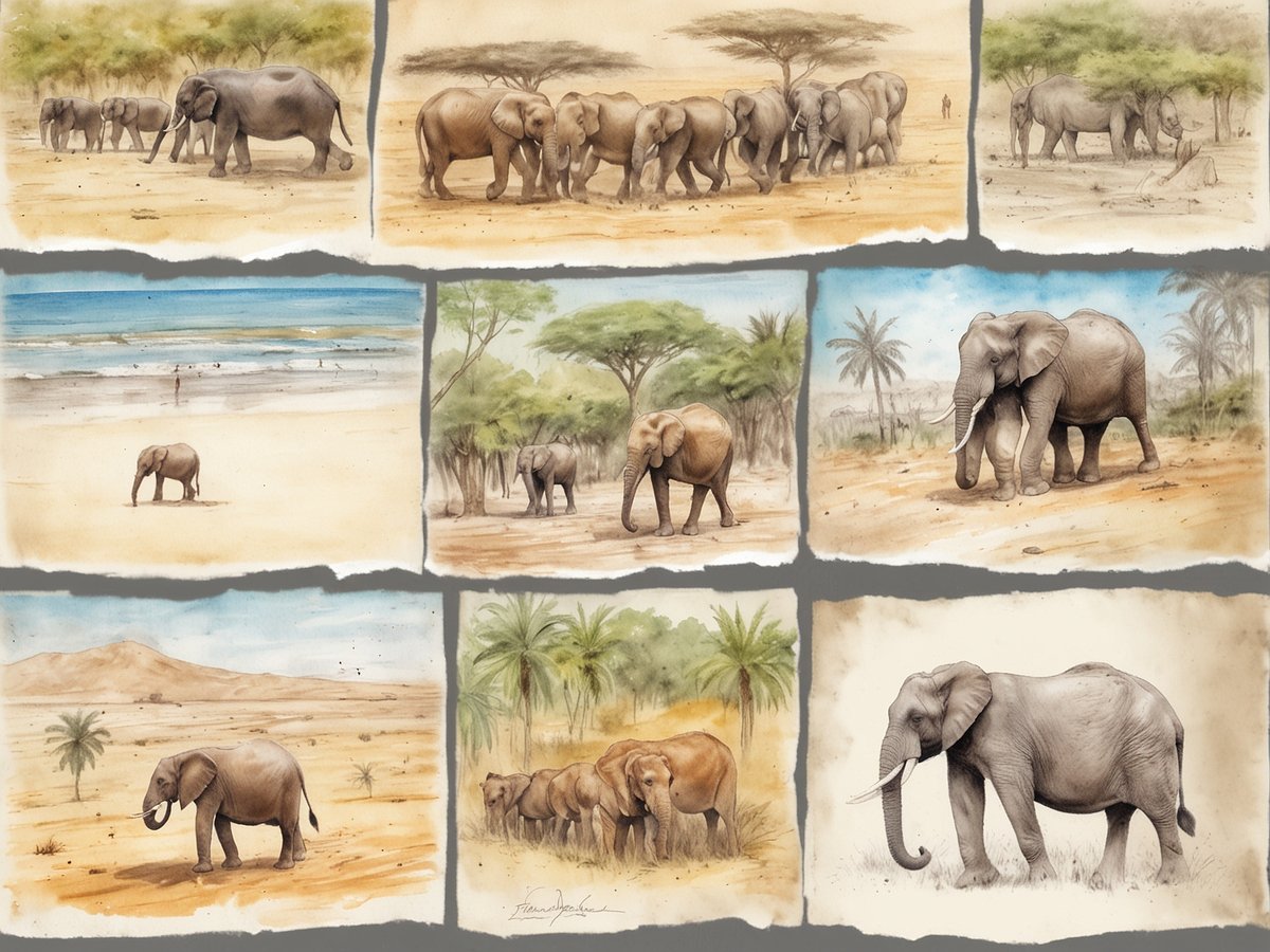 Auf dem Bild sind verschiedene Aquarellillustrationen von Elefanten in unterschiedlichen Umgebungen zu sehen. Die Szenen zeigen Elefanten, die in der Savanne, am Strand und in bewaldeten Gebieten umherwandern. Einige Bilder zeigen Elefanten am Meer, während andere in trockenen Landschaften mit Bergen und Palmen dargestellt sind. Die Variationen der Hintergründe vermitteln das Gefühl einer Safari in Tansania, wo Natur und Strand aufeinander treffen.