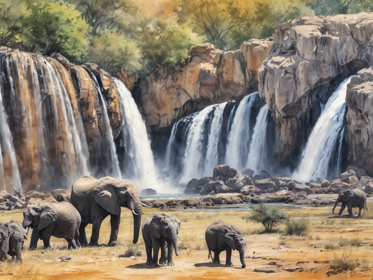 Eine Gruppe von Elefanten steht in einer sonnigen Landschaft vor einem majestätischen Wasserfall. Die großen Tiere, sowohl Erwachsene als auch Jungtiere, erkunden das trockene Grasland in der Nähe eines Flusses, der von den Wasserfällen gespeist wird. Im Hintergrund sind die beeindruckenden Felsen und der Wasserfall zu sehen, die eine wunderschöne Kulisse aus sanften Farben und lebhaften Naturelementen bilden. Grüne Bäume umgeben die Szene und sorgen für eine friedliche Atmosphäre in diesem naturbelassenen Umfeld.