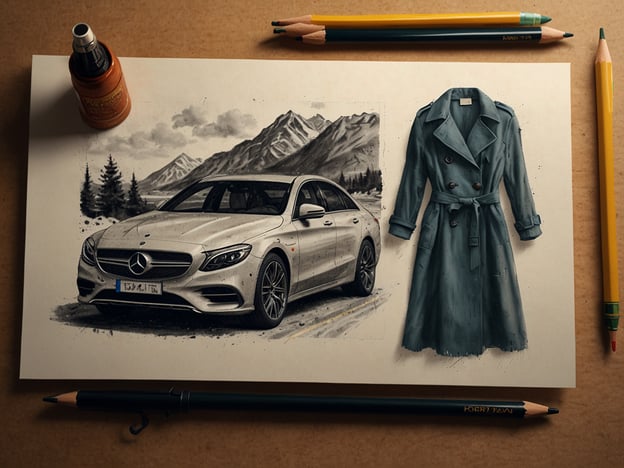 Auf dem Bild ist eine künstlerische Darstellung eines silbernen Autos (Mercedes) und eines langen, blauen Trenchcoats zu sehen, umgeben von Bleistiften und einer Tinte. 

**Praktische Reisetipps:**

1. **Auto mieten:** Wenn du ein ähnliches Auto mietest, achte darauf, die Verkehrsgesetze des Landes zu kennen und ein Navigationssystem zu verwenden, um dich zurechtzufinden.

2. **Kleidung packen:** Ein Trenchcoat ist ideal für verschiedene Wetterbedingungen. Überlege, einen leichten Pulli oder eine Jacke einzupacken, falls es kühler wird.

3. **Zubehör:** Denk an Dinge wie Ladegeräte für elektronische Geräte, Snacks für die Fahrt und eine Wasserflasche. 

4. **Vorbereitung auf verschiedene Klimazonen:** Wenn du verschiedene Orte besuchst, informiere dich über das Wetter und plane entsprechend. 

5. **Reiseversicherung:** Es ist klug, eine Reiseversicherung abzuschließen, falls unerwartete Ereignisse eintreten. 

Damit bist du gut vorbereitet für deine nächste Reise!