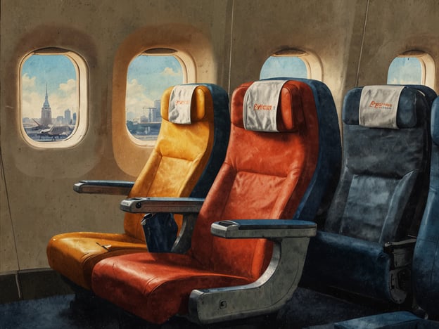 Auf dem Bild sind drei Flugzeugsitze in einer Kabine zu sehen. Die Sitze sind in verschiedenen Farben (orange, gelb und blau) und scheinen gemütlich zu sein. Durch die Fenster sieht man eine Stadtansicht mit Wolkenkratzern. 

Wenn du eine Flugbuchung optimieren möchtest, achte darauf, rechtzeitig zu buchen und verschiedene Fluggesellschaften zu vergleichen. Bevorzuge flexible Optionen, um bei Bedarf Änderungen vornehmen zu können. Ein Sitzplatz am Fenster könnte zudem eine schöne Aussicht während des Flugs bieten!