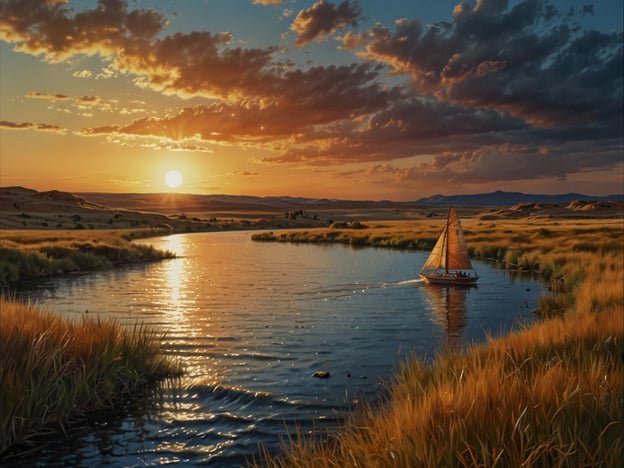 Auf dem Bild ist eine malerische Landschaft zu sehen, die in den Farben eines Sonnenuntergangs erstrahlt. Ein Boot mit Segel fährt ruhig auf einem Gewässer, das von hohen Gräsern und sanften Hügeln umgeben ist. Diese Szenerie eignet sich perfekt für Outdoor-Abenteuer wie Segeln, Bootfahren oder Angeln. Die friedliche Atmosphäre lädt auch zu Freizeitmöglichkeiten wie Picknicken oder einfach nur zum Entspannen in der Natur ein. Der Sonnenuntergang bietet eine wunderschöne Kulisse, die ideal für Fotografien und romantische Momente ist.