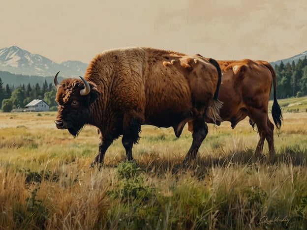 Auf dem Bild sind ein Bison und eine Kuh in einer ländlichen Umgebung zu sehen, umgeben von Wiesen und Bergen. Dies erinnert an kulinarische Highlights und lokale Spezialitäten, die in solchen Regionen oft geschätzt werden.

In vielen Gebieten, wo Bisons weiden, sind Gerichte wie Bisonsteaks oder -burger sehr beliebt, da das Fleisch mager und reich an Geschmack ist. Außerdem können Produkte wie handgemachter Käse aus der Milch von Kühen, die in der Umgebung leben, ein weiterer kulinarischer Höhepunkt sein. Auch regionale Spezialitäten wie Wildgerichte oder traditionelle Eintöpfe, oft mit Zutaten aus der Natur, sind in diesen ländlichen Gebieten verbreitet und ziehen Feinschmecker an.