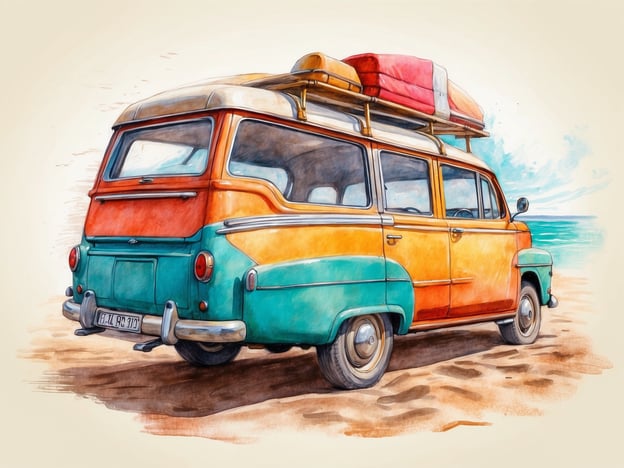 Auf dem Bild ist ein farbenfroher Oldtimer zu sehen, der am Strand parkt. Das Auto hat ein auffälliges orange-blaues Design und ist mit einem Dachgepäckträger ausgestattet, auf dem zwei farbige Taschen liegen. Diese Szene vermittelt ein Gefühl von Urlaub und Abenteuer, ideal für besondere Events wie Roadtrips oder Strandtage mit Freunden und Familie. Die malerische Umgebung unterstreicht die entspannende Atmosphäre und lädt dazu ein, die Natur zu genießen.