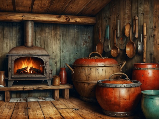 Auf dem Bild ist eine gemütliche, rustikale Küche zu sehen, die an traditionelle ländliche Szenen erinnert. Der Holzofen, der mit Holz befeuert wird, symbolisiert die Wärme und das Wohlbefinden, die in vielen Kulturen durch das gemeinsame Kochen und Beisammensein entstehen. 

Die verschiedenen Töpfe, darunter große, bunte Gefäße, sind typische Elemente der traditionellen Küche und könnten für die Zubereitung herzlicher Gerichte verwendet werden, die oft in Gemeinschaft genossen werden. Holzutensilien, die an den Wänden hängen, sind ebenfalls ein Zeichen für handwerkliches Geschick und die Weitergabe von Kochtipps durch Generationen. 

Die Verwendung von natürlichen Materialien wie Holz und Metall spiegelt die Verbindung zur Natur wider, die in vielen Kulturen geschätzt wird. Diese Art von Küche erinnert an Zeiten, in denen das Familienleben stark von der Zubereitung und dem Genuss gemeinsamer Mahlzeiten geprägt war.