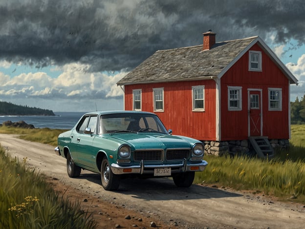 Auf dem Bild ist ein blauer Oldtimer vor einem roten Holzhaus zu sehen, umgeben von einer grünen Wiese und einem malerischen Landschaftshorizont. Hier sind einige praktische Reisetipps, die du berücksichtigen solltest, wenn du einen ähnlichen Ort besuchen möchtest:

1. **Fahrzeugwahl**: Wenn du in ländliche Gegenden reist, ist ein zuverlässiges Fahrzeug wichtig, um auf unebenen Straßen gut voranzukommen. Ein Oldtimer kann charmant sein, aber achte darauf, dass er zuverlässig ist.

2. **Wettervorsorge**: Überprüfe die Wettervorhersage vor deiner Reise. In der Abbildung sieht es nach wechselhaftem Wetter aus, also packe auch Kleidung für unerwartete Wetterbedingungen ein.

3. **Unterkunft**: Suche nach traditionellen, lokalen Unterkünften wie dem roten Holzhaus im Bild. Solche Unterkünfte bieten oft ein authentisches Erlebnis.

4. **Natur genießen**: Nutze die Gelegenheit, die malerische Landschaft zu erkunden. Mache Pausen, um die Natur zu genießen und Fotos zu machen.

5. **Sicherheitsausstattung**: Vergewissere dich, dass dein Auto gut ausgestattet ist, z. B. mit einem Erste-Hilfe-Set, Wasser und Snacks für längere Fahrten.

6. **Navigation**: Stelle sicher, dass du eine gute Karten-App oder ein GPS-Gerät hast, da ländliche Gegenden möglicherweise nicht immer gut beschildert sind.

Genieße deine Reise und die Schönheit der Natur!