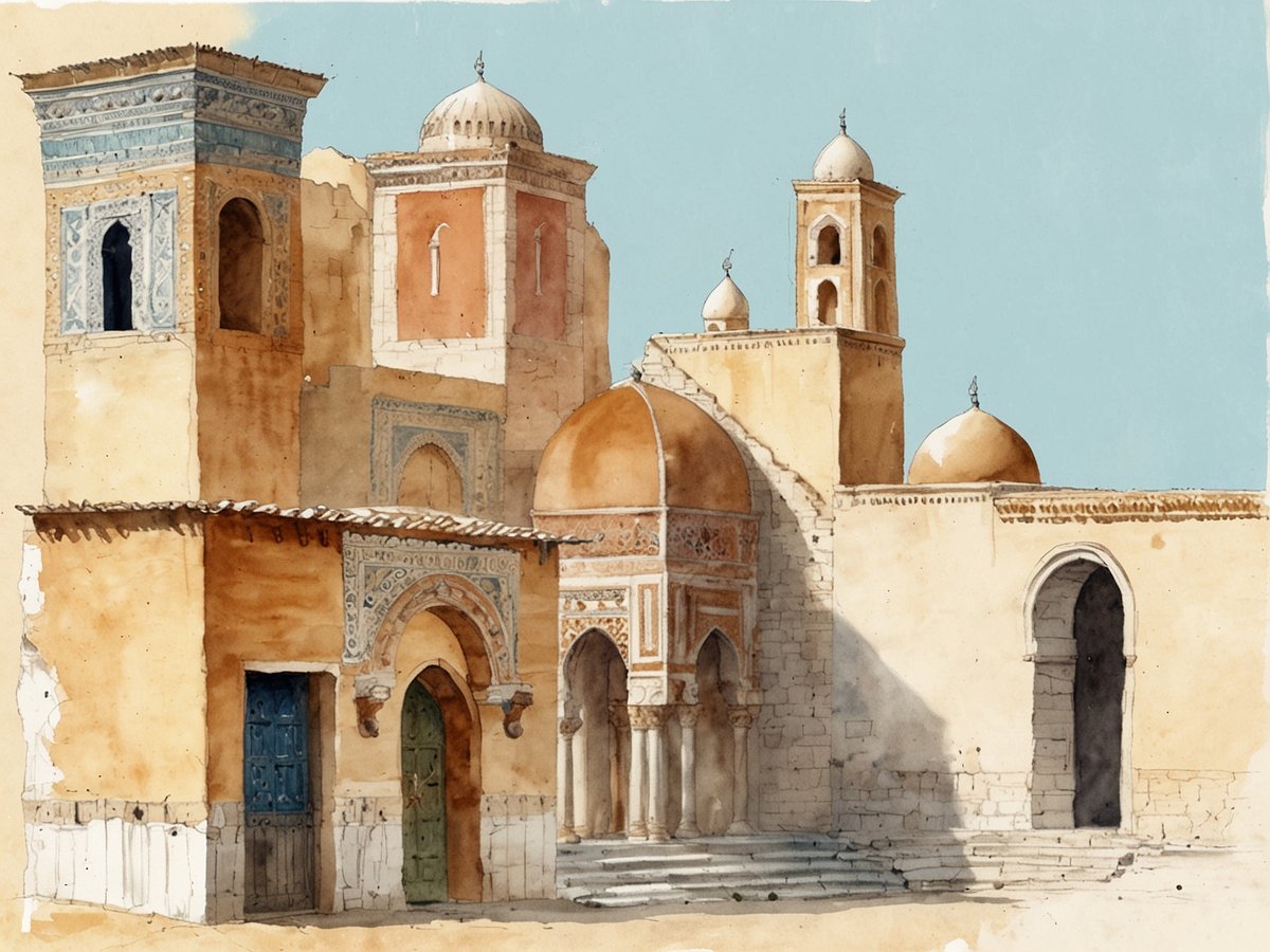 Das Bild zeigt eine historische Architektur mit mehreren Kuppeln und Türmen, die von kunstvollen Verzierungen geprägt sind. Die Fassaden sind in warmen Erdtönen gehalten, und die Vielzahl an Bögen und Fenstern schafft eine harmonische Komposition. Im Hintergrund ist ein klarer blauer Himmel zu sehen, der die Szene zusätzlich aufhellt. Diese Darstellung illustriert die kulturelle Vielfalt und das architektonische Erbe Tunesiens.