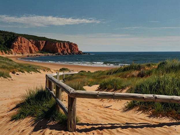 Auf dem Bild ist Cavendish Beach zu sehen: Ein Paradies für Naturliebhaber. Die sanften Sanddünen, das klare blaue Wasser und die majestätischen Klippen im Hintergrund schaffen eine idyllische Küstenlandschaft. Die natürliche Schönheit und die ruhige Atmosphäre machen diesen Ort zu einem perfekten Rückzugsort für Erholungssuchende und Naturliebhaber.