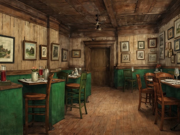 Auf dem Bild ist ein rustikales Restaurant oder Café zu sehen, das stilistisch an die Zeit von „Anne of Green Gables“ erinnert. Die Wände sind aus Holz und es hängen mehrere Bilder, die ländliche Szenen zeigen. Die Tische und Stühle sind schlicht, mit grünen und braunen Farbtönen, die eine gemütliche Atmosphäre schaffen. Auf einem der Tische stehen Gläser mit Getränken und eine kleine Vase mit Blumen. Es wirkt einladend und könnte der perfekte Ort für Anne und ihre Freunde sein, um eine Tasse Tee oder ein Stück Kuchen zu genießen und über ihre Abenteuer zu plaudern.