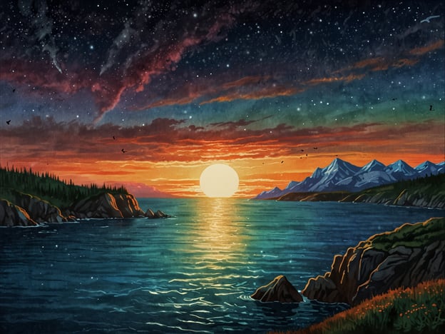 Auf dem Bild ist eine atemberaubende Landschaft zu sehen, die eine ruhige Küstenlinie darstellt. Der Sonnenuntergang taucht den Himmel in leuchtende Rottöne und sanfte Gelbtöne, während die Sonne sich langsam dem Horizont nähert und das Wasser in ein glitzerndes Licht verwandelt. Im Hintergrund erheben sich majestätische Berge, deren Spitzen mit Schnee bedeckt sind. Die Umgebung ist reich an grünen Wäldern, die die Felsen und das Wasser umgeben. Der Himmel ist mit funkelnden Sternen geschmückt, die eine magische Atmosphäre schaffen. Talente der Natur kommen hier voll zur Geltung, während vielleicht einige Vögel über das Wasser fliegen und die Stille der Dämmerung genießen.