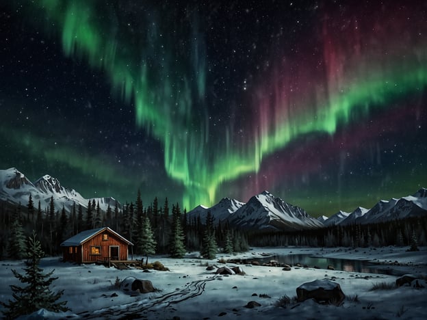 Auf dem Bild ist eine eindrucksvolle Winterlandschaft im Yukon zu sehen, in der die Nordlichter klar am Himmel leuchten. Es gibt eine kleine, rustikale Holzhütte, umgeben von schneebedeckten Bergen und Nadelbäumen. Die beste Reisezeit für den Yukon, um die Nordlichter zu beobachten, ist von September bis April, wobei die klarsten Nächte oft von November bis März sind. Diese Zeit bietet eine gute Chance, das wunderschöne Naturschauspiel der Aurora Borealis zu erleben.