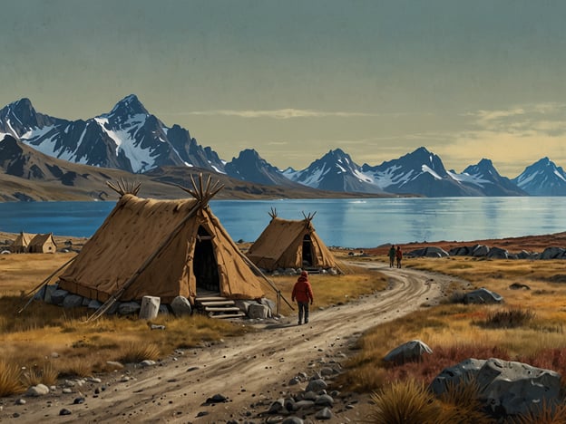 Auf dem Bild sind mehrere Zelte in einer tundraähnlichen Landschaft zu sehen, umgeben von Bergen und einem Gewässer im Hintergrund. Die Zelte scheinen aus Naturmaterialien gebaut zu sein und es gibt Personen, die auf einem Weg in der Nähe der Zelte gehen. 

**Warum Nunavut?** 

Nunavut ist eine Region in Kanada, die für ihre beeindruckenden Naturlandschaften bekannt ist, einschließlich Tundra, Berge und Gewässer. Die traditionelle Lebensweise der Inuit, die in dieser Region lebten, umfasst oft den Bau von Zeltähnlichen Behausungen, was sich in dem Bild widerspiegelt. Die Verbindung zur Natur und der Respekt vor der Umwelt sind zentrale Aspekte der Kultur in Nunavut.