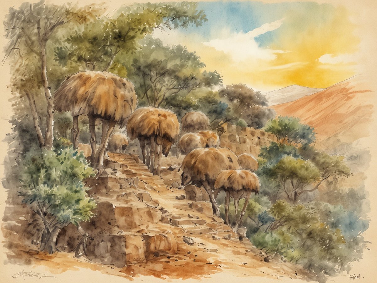 Eine malerische Landschaft in Äthiopien zeigt einen sanften Hügel mit einem Pfad, der durch die Natur führt. Am Weg stehen mehrere mit Strohdächern bedeckte Strukturen, die wie traditionelle Behausungen wirken. Umgeben von üppigem Grün und Bäumen, bietet die Szenerie eine friedliche Atmosphäre. Im Hintergrund erheben sich sanfte Berge unter einem klaren Himmel, der in sanften Orangetönen gefärbt ist. Die gesamte Szene strahlt eine Harmonie zwischen Mensch und Natur aus und vermittelt einen Eindruck von der kulturellen Geschichte Äthiopiens.