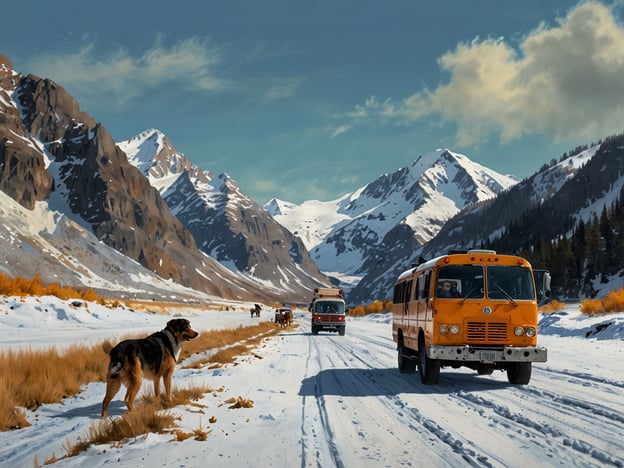 Auf dem Bild sind schneebedeckte Berge und eine verschneite Straße zu sehen, auf der mehrere Fahrzeuge fahren. Ein gelbes Auto und ein rotes Fahrzeug sind deutlich sichtbar. Am Straßenrand steht ein Hund, der in die Richtung der Fahrzeuge schaut. Die Landschaft wirkt winterlich, mit felsigen Bergen im Hintergrund und einigen Bäumen in den warmen Farben des Herbstes. Die Fortbewegung erfolgt hier hauptsächlich durch Fahrzeuge auf der verschneiten Straße.