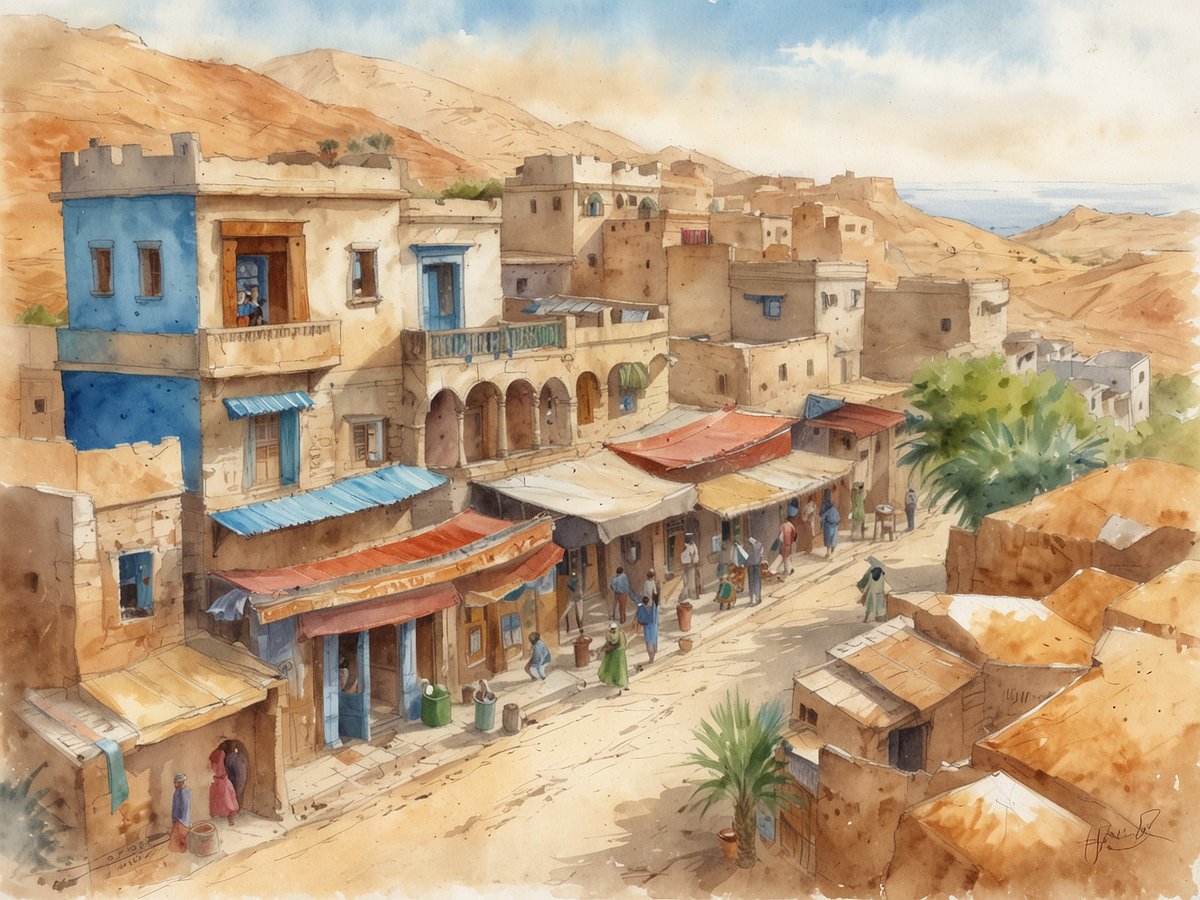 Eine malerische Szene in Eritrea zeigt eine belebte Straße mit traditionellen, niedrigen Gebäuden aus Sandstein. Die Häuser sind in sanften Erdtönen gehalten und einige besitzen blaue Fensterläden und Balkone. Der Straßenmarkt ist lebhaft, mit Menschen, die verschiedenen Aktivitäten nachgehen. Einige Stände sind mit bunten Stoffen und Planen bedeckt, unter denen Waren ausgestellt sind. Im Hintergrund sieht man die sanften Hügel der Umgebung und das Meer in der Ferne. Die Atmosphäre vermittelt ein Gefühl von Helligkeit und Wärme, charakteristisch für die Region im Nordosten Afrikas.