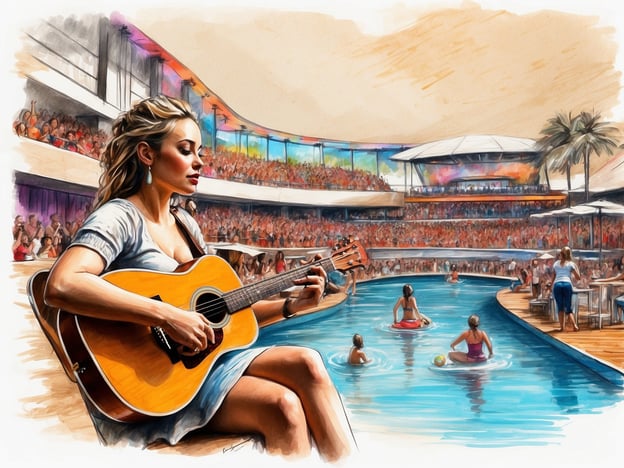 Auf dem Bild ist eine lebendige Pool-Atmosphäre mit einer Live-Musikdarbietung zu sehen. Im Vordergrund sitzt eine Frau mit einer Gitarre und spielt, während im Hintergrund eine große Menschenmenge auf einer Terrasse zuschaut. Um den Pool herum genießen zahlreiche Menschen das Wasser und die entspannte Stimmung. Diese Art von Veranstaltungsort erinnert an aktuelle Musikfestivals oder Sommer-Events, die oft in beliebten Urlaubsregionen stattfinden, wo Live-Auftritte und Unterhaltung zentral sind. Solche Attraktionen ziehen viele Besucher an und schaffen eine fröhliche, gesellige Atmosphäre.