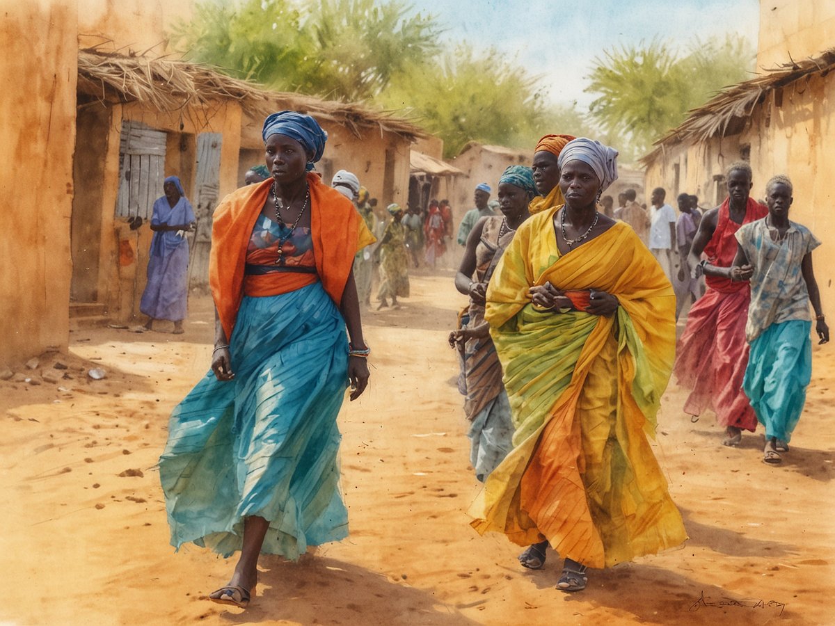 Eine Gruppe von Frauen in bunten traditionellen Kleidern geht durch eine sandige Straße in einem senegalesischen Dorf. Die Frauen tragen Kopftücher und verschiedenfarbige Blusen und Röcke, die lebendige Farbtöne aufweisen. Im Hintergrund sind Häuser aus Erdbau und weitere Dorfbewohner zu sehen, die sich in der Szene bewegen. Die Atmosphäre vermittelt einen Eindruck von Gemeinschaft und kulturellem Leben in Senegal.