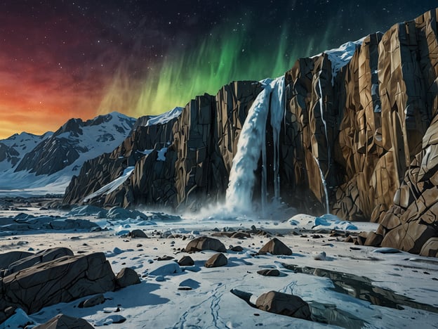 Auf dem Bild sind beeindruckende natürliche Landschaften zu sehen. Im Vordergrund fließt ein Wasserfall, der von hohen, zerklüfteten Felsen umgeben ist. Die Felsen sind schroff und majestätisch, während im Hintergrund majestätische schneebedeckte Berge zu sehen sind. Ein atemberaubendes Phänomen des Polarlichts erleuchtet den Himmel in verschiedenen Grüntönen, was eine mystische Atmosphäre schafft.

Aktivitäten, die man in dieser Umgebung unternehmen könnte, sind Wandern und Fotografieren der beeindruckenden Landschaften. Man könnte auch die Aurora Borealis beobachten, was zu einem unvergesslichen Erlebnis führt. Zudem wäre das Erkunden der nahegelegenen Gletscher und die Erkundung der Naturschönheiten eine spannende Möglichkeit, die Region zu genießen.