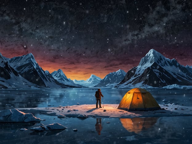 Auf dem Bild ist eine eindrucksvolle Winterlandschaft zu sehen. Eine Person steht vor einem Zelt, das in der Dämmerung leuchtet. Der Wanderer genießt die ruhige Atmosphäre des verschneiten Gebirges und des stillen Gewässers. Es wirken Aktivitäten wie Camping und Wandern nach, während die Person die Schönheit der Natur bei Nacht beobachtet. Die schneebedeckten Berge und der klare Sternenhimmel schaffen eine friedliche und abenteuerliche Stimmung.