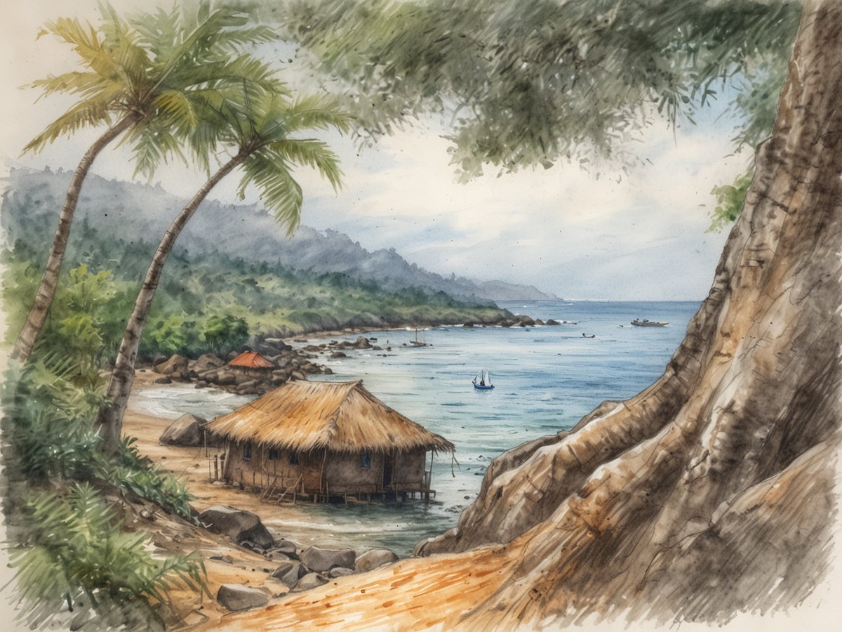 Eine malerische Küstenlandschaft in Sierra Leone zeigt sanfte Strände mit einer kleinen Strohhütte direkt am Wasser. Palmen rahmen die Szene ein, während im Hintergrund sanfte Hügel die Küstenlinie umgeben. Einige Boote sind im ruhigen Wasser zu sehen, und die allgemeine Atmosphäre strahlt Ruhe und Schönheit aus. Die Mischung aus Natur und menschlicher Präsenz spiegelt die Verbindung von Stränden und Geschichte wider.