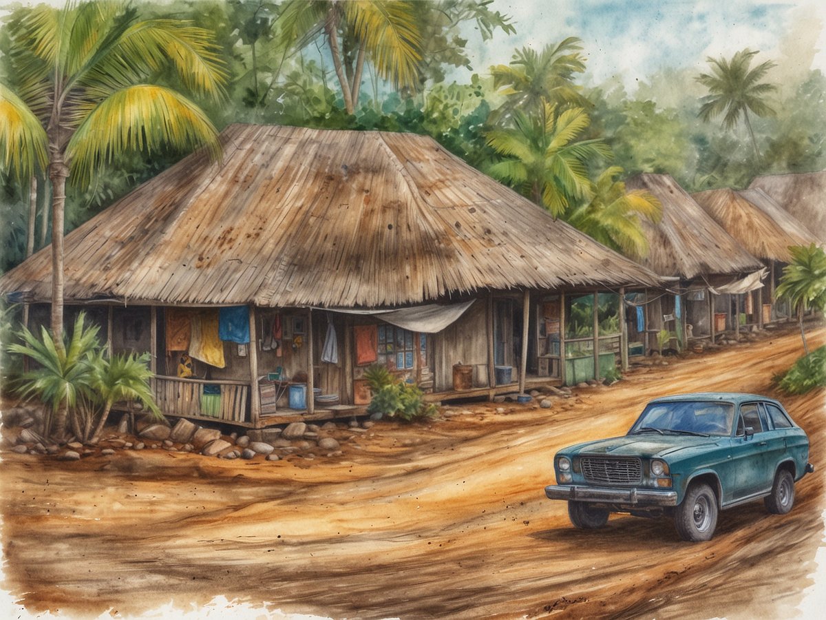 Eine malerische Dorfszene in Liberia mit mehreren traditionellen Hütten mit Strohdächern, die entlang eines unbefestigten Weges stehen. Die Hütten sind mit bunten Tüchern geschmückt, und im Vordergrund befindet sich ein alter, grüner PKW. Umgeben von üppigen Palmen und tropischer Vegetation vermittelt das Bild ein Gefühl von Einfachheit und ländlicher Idylle. Die Erde ist staubig und die Atmosphäre wirkt friedlich, während das Licht die Szenerie sanft beleuchtet.