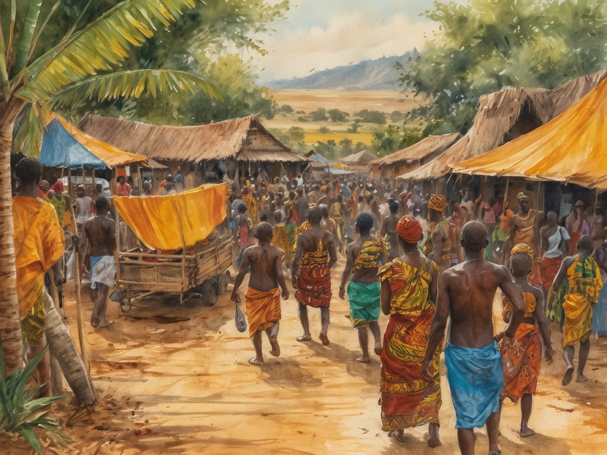 Menschen laufen lebhaft durch einen belebten Markt in Ghana. Die Atmosphäre ist geprägt von bunten traditionellen Gewändern, die die kulturelle Vielfalt des Landes widerspiegeln. Stände mit lokalen Waren und Handwerkskunst sind im Hintergrund sichtbar, umgeben von palmengesäumten Wegen und sanften Hügeln. Das Bild fängt die herzliche Gastfreundschaft und das geschäftige Treiben der Menschen ein, während sie ihre täglichen Besorgungen erledigen. Die Szenerie spiegelt die reiche Kultur und die natürliche Schönheit Ghanas wider.