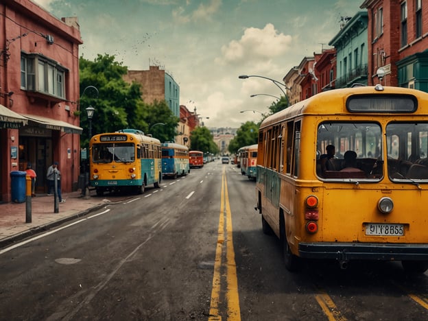 Auf dem Bild ist eine Straße mit mehreren Bussen zu sehen, darunter ein gelber und blau-gefüllter Bus. Entlang der Straße stehen bunte Gebäude, und es scheint ein belebter Ort zu sein. Es könnte eine Stadtansicht aus einer lateinamerikanischen Region darstellen. Neben dem Bildinhalt könnten Sie auch Sonderdeals und Rabatte finden, um bei einer Reise oder Erkundung solcher Orte Geld zu sparen!