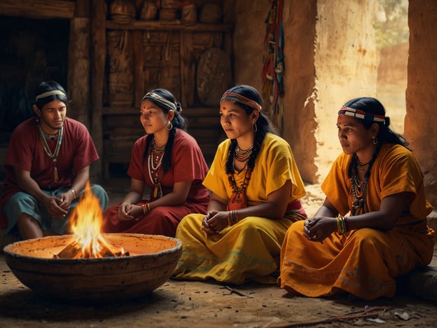 Auf dem Bild sind vier Personen zu sehen, die um ein zentrales Feuer herum sitzen. Sie tragen traditionelle Kleidung und Schmuck, was auf ihre indigene Kultur hinweist. Das Feuer ist in einem großen, flachen Gefäß angelegt, und die Umgebung scheint eine Art gemeinschaftlicher Raum oder traditionelle Hütte zu sein.

Die indigenen Kulturen haben oft eine tiefe Verbindung zur Natur und zu symbolischen Praktiken, die für Gemeinschaftsleben, Spiritualität und Bräuche wichtig sind. Das Sitzen um das Feuer könnte eine Zeremonie oder ein gemeinsames Treffen darstellen, das für den Austausch von Geschichten, Wissen oder Traditionen steht. Feuerrituale sind in vielen indigenen Gemeinschaften von großer Bedeutung und symbolisieren oft Licht, Wärme und Gemeinschaft.