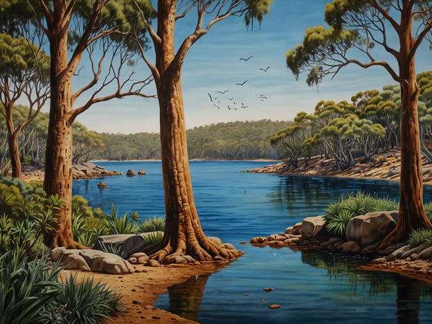 Auf dem Bild ist die atemberaubende Natur Südaustraliens zu sehen. Es zeigt einen ruhigen Gewässerbereich, umgeben von majestätischen Bäumen und üppigem, grünem Unterholz. Das Wasser spiegelt die Schönheit der Landschaft wider, während Vögel über den Himmel fliegen. Die sanften Hügel im Hintergrund und die Felsen am Ufer tragen zur idyllischen Atmosphäre des Bildes bei, die typisch für die natürliche Umgebung dieser Region ist.