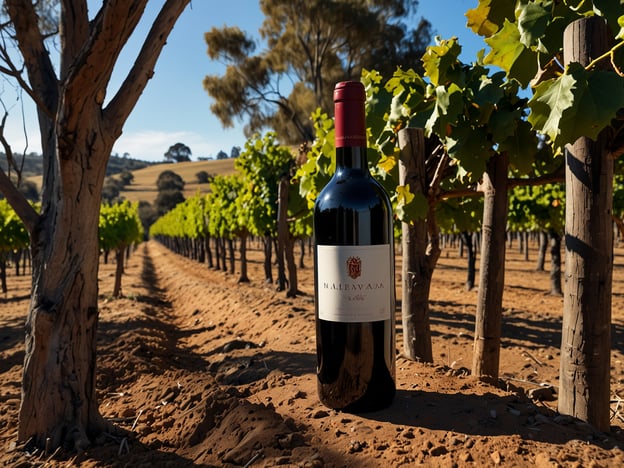 Auf dem Bild ist eine Weinflasche in einem Weinberg zu sehen. Die Umgebung zeigt Reihen von Weinreben, die in einer sonnigen Landschaft angeordnet sind. Die Weinregion scheint großzügig und gut gepflegt zu sein, was auf eine hochwertige Weinproduktion hinweist. Diese Kulisse könnte den perfekten Rahmen bieten, um weltklasse Weinregionen zu entdecken und die Vielfalt der Weinkultur zu erleben.