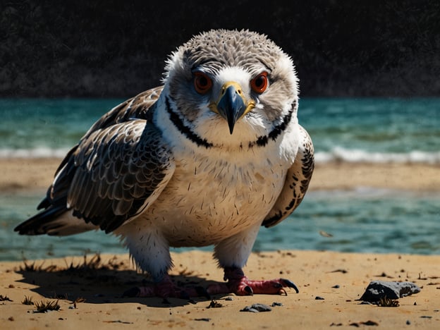 Auf dem Bild ist ein beeindruckender Vogel zu sehen, der in seiner majestätischen Erscheinung und markanten Farbgebung besticht. Mit einem weißen Gefieder, das von sanften Grautönen durchzogen ist, und leuchtend roten Augen wirkt dieser Vogel sowohl majestätisch als auch etwas einschüchternd. 

Der Lebensraum scheint an einem Küstenstrich zu sein, wo der sandige Boden und das glitzernde Wasser eine harmonische Kulisse bilden. Vielleicht befindet sich dieser Vogel in einer Beobachtungsposition, bereit, seine Umgebung auf Nahrung zu scannen – ein wahres Meisterwerk der Anpassung an die Natur, das sich sowohl elegant als auch furchtlos zeigt. 

Ein faszinierendes Beispiel für die Vielfalt der Vogelwelt, das die Aufmerksamkeit eines jeden Naturbeobachters auf sich ziehen würde.