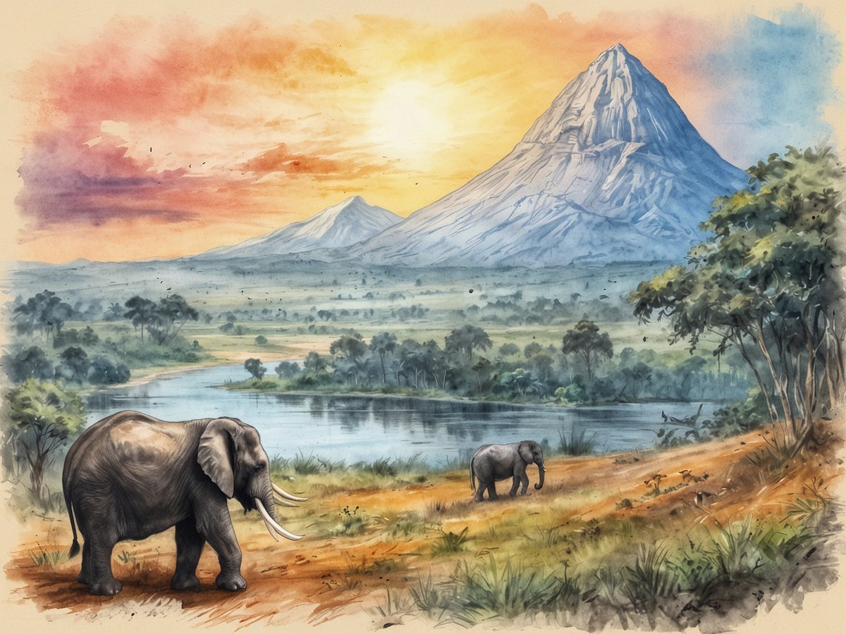 Eine majestätische Landschaft aus der Demokratischen Republik Kongo zeigt zwei Elefanten, die friedlich in der Nähe eines ruhigen Flusses grasen. Im Hintergrund erhebt sich ein beeindruckender Berg mit schneebedeckter Spitze unter einem farbenfrohen Sonnenuntergang. Die sanften Hügel und üppigen Bäume im Vordergrund verleihen dem Bild eine idyllische Atmosphäre, die die Schönheit der Natur und die Vielfalt der Tierwelt in dieser Region widerspiegelt.