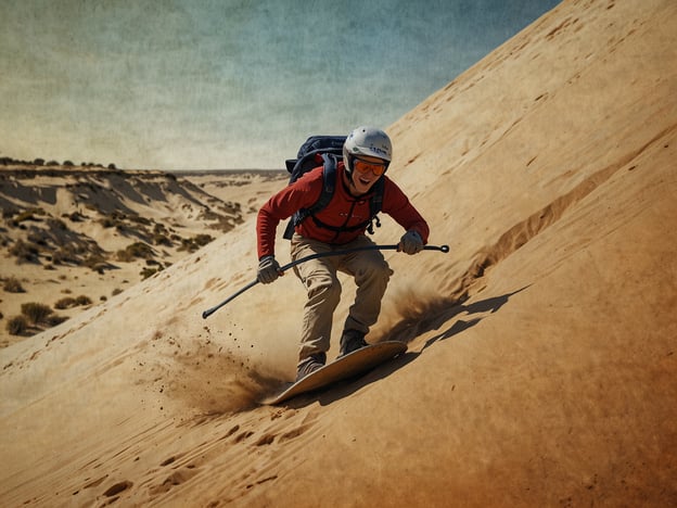 Auf dem Bild ist ein Abenteurer zu sehen, der begeistert auf einem Sandboard einen Dünenhang hinunterfährt. Die Szene vermittelt ein Gefühl von Freiheit und Thrill, während der Fahrer mit dem Wind bis zur Spitze der Düne gleitet. Diese Art von Aktivität ist perfekt für diejenigen, die das Adrenalin lieben und die Schönheit der Wüste auf eine aufregende Weise erleben möchten. Solche Abenteuer bieten nicht nur Spaß, sondern auch die Möglichkeit, neue Landschaften zu entdecken und unvergessliche Erlebnisse zu sammeln.