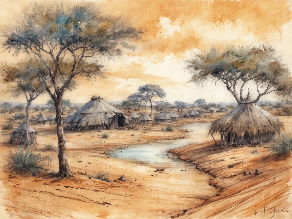 Eine malerische Landschaft in Angola mit traditionellen Rundhütten, die aus Bambus und Palmblättern gebaut sind. Die Hütten sind in einer trockenen Umgebung angeordnet, umgeben von schlichten Bäumen und niedrigem Gras. Ein schmaler Wasserlauf schlängelt sich durch die Szenerie und reflektiert den sanften Himmel, der in warmen Gelb- und Brauntönen gehalten ist. Die Atmosphäre vermittelt ein Gefühl von Ruhe und Verbundenheit mit der Natur.