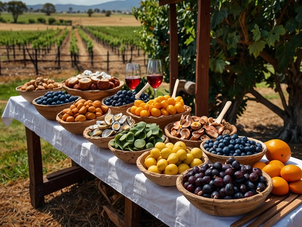 Auf dem Bild sind verschiedene Früchte und einige Leckereien auf einem Tisch zu sehen, der in einer malerischen Landschaft mit Weinbergen im Hintergrund aufgestellt ist. Es gibt auch Gläser mit rosafarbendem Wein. Diese Szenerie könnte eine gemütliche Unterkunft mit einer ansprechenden Verpflegung darstellen, ideal für ein festliches Picknick oder eine Weinprobe.