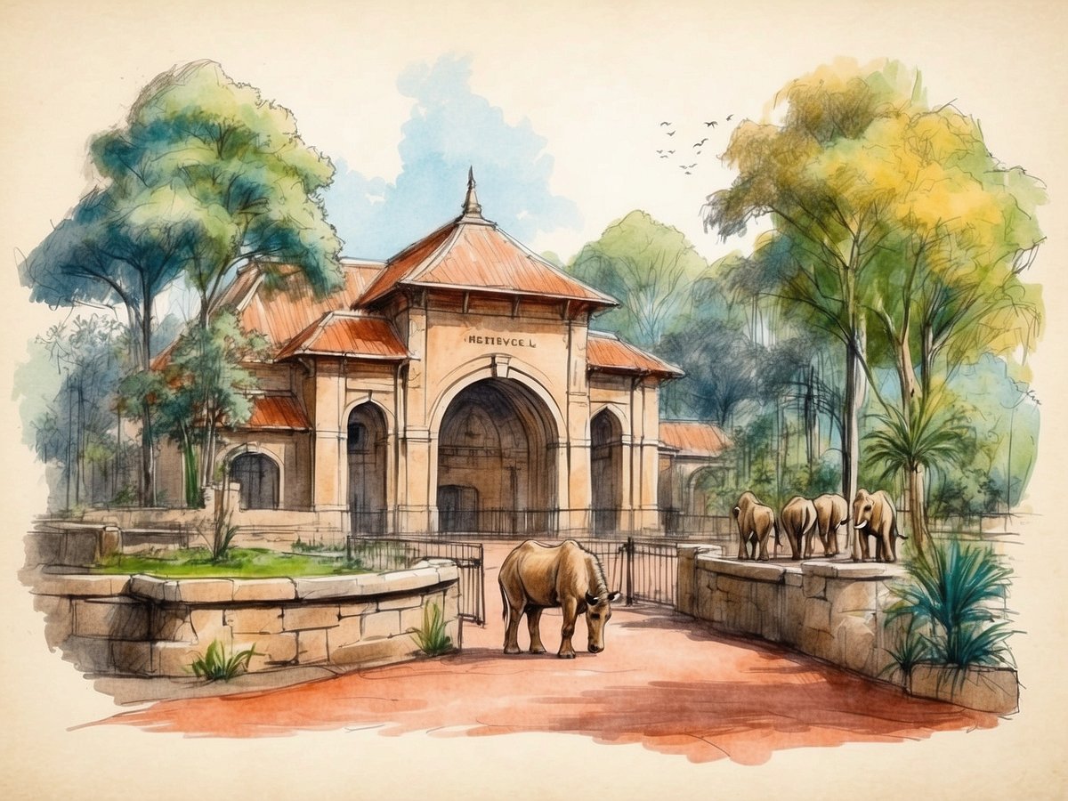 Das Bild zeigt eine zeichnerische Darstellung des Zoo Heidelberg. Im Vordergrund befindet sich ein Nashorn, das auf einem roten Gehweg grast. Im Hintergrund ist ein imposantes Gebäude mit einem gewölbten Eingang und einem roten Dach zu sehen, umgeben von üppigen Bäumen und Pflanzen. Auf einer Mauer hinter dem Nashorn stehen mehrere Elefanten, die ebenfalls im Zoo Heidelberg zu sehen sind. Die Szene strahlt eine ruhige und harmonische Atmosphäre aus, eingefasst von der natürlichen Umgebung.