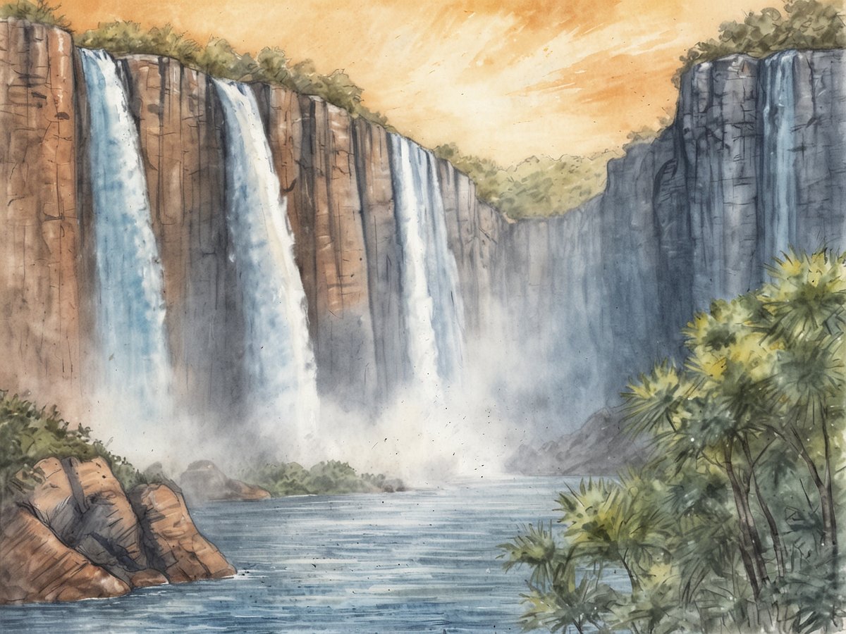 Das Bild zeigt die majestätischen Victoriafälle in Sambia. Mehrere Wasserströme stürzen über hohe, steile Felswände, während sich ein feiner Nebel aus Wassertröpfchen in der Luft bildet. Die Umgebung ist von üppigem, grünem Gebüsch und vereinzelten Pflanzen geprägt. Der Himmel hat eine warme, orangefarbene Tönung, die eine malerische Stimmung erzeugt. Im Vordergrund fließt ruhiges Wasser, das den Anblick der eindrucksvollen Wasserfälle widerspiegelt.