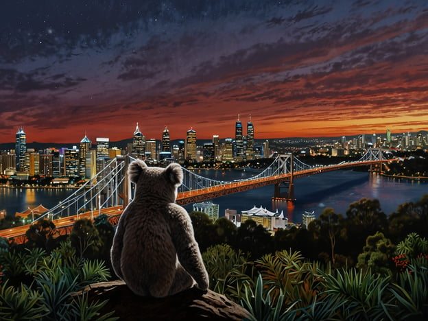 Auf dem Bild sieht man einen Koala, der auf einem Hügel sitzt und auf die Skyline von Brisbane blickt, während die Sonne untergeht. Die Brücke im Vordergrund sowie die beleuchteten Wolkenkratzer im Hintergrund sind typische Sehenswürdigkeiten von Brisbane. Erlebe die Sehenswürdigkeiten von Brisbane, während du die beeindruckende Aussicht auf die Stadt und die natürliche Schönheit der Umgebung genießt.