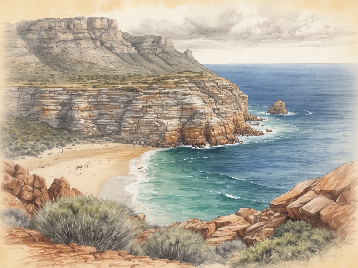 Eine majestätische Küstenlandschaft am Kap der Guten Hoffnung mit steilen, zerklüfteten Klippen, die auf das blaue Wasser des Ozeans blicken. Der Sandstrand ist sanft geschwungen und vom klaren Wasser umspült. Grüne Sträucher und Felsen säumen den vorderen Bereich des Bildes, während im Hintergrund dramatische Berge den Horizont dominieren. Ein kleiner Felsen ragt im Wasser hervor, umgeben von sanften Wellen. Der Himmel ist leicht bewölkt, was der Szenerie eine ruhige Atmosphäre verleiht.