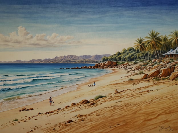 Auf dem Bild ist eine schöne Küstenlandschaft mit einem Strand und sanften Wellen zu sehen. Dieses Szenario erinnert an einige der atemberaubenden Strände in Perth, wie zum Beispiel den Cottesloe Beach, der bekannt für seinen goldenen Sand und die lebhafte Atmosphäre ist. 

Aktivitäten, die man dort unternehmen kann, sind zum Beispiel Schwimmen, Surfen oder einfach einen entspannenden Spaziergang am Strand. Auch das Beobachten des Sonnenuntergangs über dem Indischen Ozean ist sehr beliebt in Perth. Die palmengesäumte Küste vermittelt ein tropisches Flair, ähnlich wie am Scarborough Beach, wo viele Leute gerne relaxen und die Freizeit genießen.