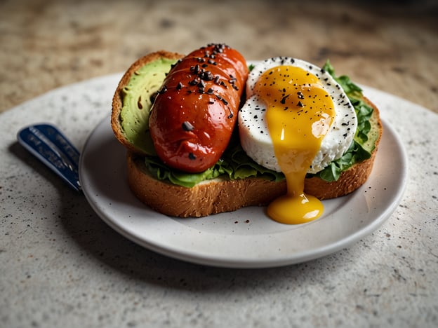 Auf dem Bild sieht man ein köstliches Frühstücksgericht. Die Hauptbestandteile sind:

- **Avocado**: Eine gesunde, cremige Ergänzung, die oft in vielen Frühstücksgerichten und in der modernen Küche beliebt ist.
- **Ein gegrilltes oder gebratenes Ei**: Die gelbe Eigelbfüllung ist perfekt gegart und läuft beim Anschneiden aus, was für ein köstliches Aroma sorgt.
- **Tomate**: In Form einer zarten, gegrillten oder marinierten Variante, die zusätzliche Frische und Geschmack bringt.
- **Salatblätter**: Diese sorgen für eine knackige Textur und einen gesunden Aspekt.
- **Vollkornbrot**: Eine vielseitige Basis, die Nährstoffe liefert und das Gericht abrundet.

Diese Kombination ist nicht nur lecker, sondern auch gesund und repräsentiert viele kulinarische Highlights, die in modernen Frühstücks-Bistros häufig zu finden sind.