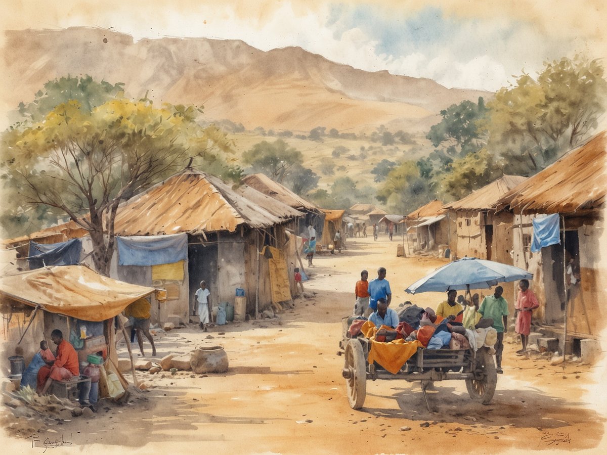 Eine malerische Dorfszene in Swasiland zeigt ein Staßenszenario mit traditionellen Lehmhütten, die strohgedeckt sind. Auf der linken Seite sitzt eine Person auf einer Bank, während andere Personen umhergehen oder stehen. Ein Wagen, gezogen von Menschen, wird durch die Straße gezogen und mit farbenfrohen Tüchern und Gegenständen beladen. Die Umgebung ist von sanften Hügeln und Bäumen umgeben, die der Szene eine friedliche, ländliche Atmosphäre verleihen, in der Tradition und Alltag sichtbar werden.