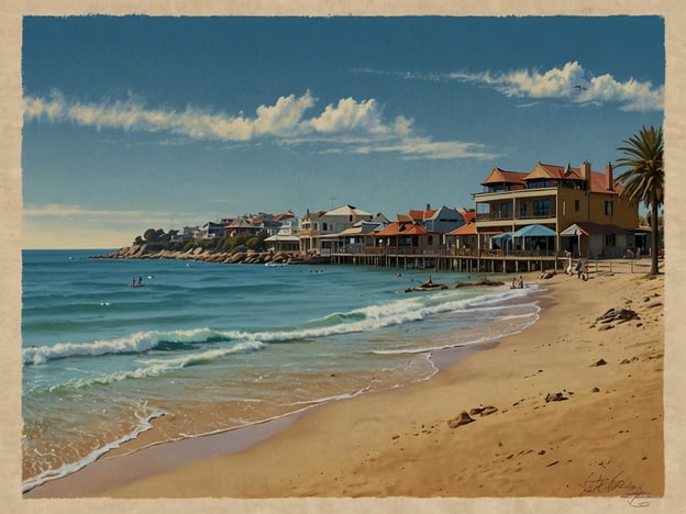 Auf dem Bild ist eine malerische Küstenlandschaft zu sehen, die an die Strände in und um Adelaide erinnert. Im Vordergrund zieht sich ein sanfter Sandstrand entlang des Wassers, wo sanfte Wellen an das Ufer schlagen. Der Blick richtet sich auf eine Reihe von charakteristischen Häusern mit roten Dächern, die direkt am Wasser stehen. Palmen und ein blauer Himmel mit wenigen Wolken tragen zur entspannten und einladenden Atmosphäre bei. Die Szene strahlt die typischen Küstenfreuden aus, die man in dieser Region erwarten würde.