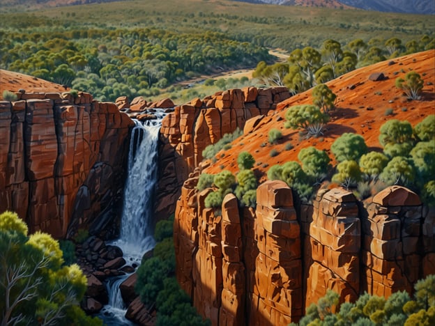 Auf dem Bild ist eine beeindruckende Naturlandschaft zu sehen, die von steilen Felsen und einer malerischen Wasserfallkulisse geprägt ist. Das Wasser stürzt mit lebhaften Strömungen in einen klaren Bereich, umgeben von üppigem Grün und typisch australischer Vegetation. Die roten Sandsteine bilden eine dramatische Kulisse und ziehen die Blicke auf sich. Diese Szenerie vermittelt ein Gefühl von Abenteuer und Erkundung in einem unberührten Nationalpark, ideal für Outdoor-Aktivitäten wie Wandern und Fotografieren.