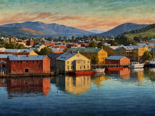 Die Faszination von Hobart zeigt sich in diesem malerischen Bild, das die charmante Hafenstadt in Tasmanien einfängt. Im Vordergrund sieht man eine bunte Ansammlung von historischen Gebäuden, die in warmen Rottönen und Gelbtönen gehalten sind. Diese Häuser spiegeln sich harmonisch im ruhigen Wasser des Hafens wider. Im Hintergrund erheben sich sanfte Hügel und Berge, die die Szenerie abrunden und eine malerische Kulisse schaffen. Die Kombination aus Natur und Architektur vermittelt ein Gefühl von Ruhe und Idylle, das die einzigartige Atmosphäre von Hobart ausmacht.