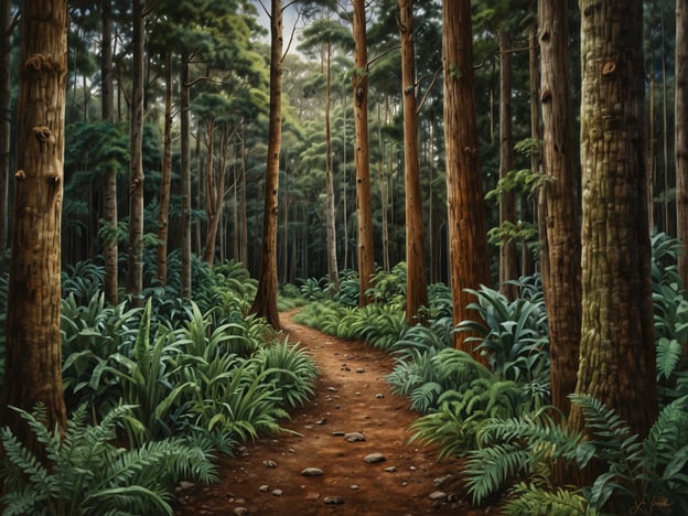 Auf dem Bild ist ein malerischer Waldweg zu sehen, der von hohen Bäumen und üppiger Vegetation umgeben ist. Diese atemberaubende Natur erinnert an die Wälder rund um Hobart, wo man eine Vielzahl an einheimischen Pflanzen und eindrucksvollen Baumarten finden kann. Der ruhige Weg lädt zu Erkundungstouren und naturverbundenen Abenteuern ein, während das dichte Blattwerk und die harmonische Farbpalette eine friedliche Atmosphäre schaffen.