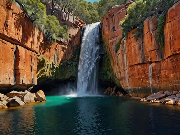 Auf dem Bild ist ein beeindruckender Wasserfall zu sehen, der aus einer hohen Klippe in ein klares, türkisfarbenes Wasserbecken stürzt. Die umgebenden roten Felsen und das üppige Grün der Bäume schaffen eine spektakuläre Kulisse, die Abenteurer und Entdecker anzieht.

Für aktive Entdecker bietet die Umgebung viele Möglichkeiten:

1. **Wanderungen**: Erkunde die Wanderwege, die zu diesem malerischen Punkt führen, und genieße die Natur.
2. **Schwimmen**: Das einladende Wasserbeck bietet eine erfrischende Gelegenheit zum Schwimmen.
3. **Fotografie**: Nutze die atemberaubende Landschaft für beeindruckende Fotos.
4. **Klettern**: Die steilen Felsen könnten Abenteuerlustige zum Klettern einladen.
5. **Picknicks**: Verbringe Zeit in der Natur mit einem Picknick in der Nähe des Wasserfalls.

Insgesamt ist dies ein perfekter Ort für alle, die Abenteuer und Natur genießen möchten.