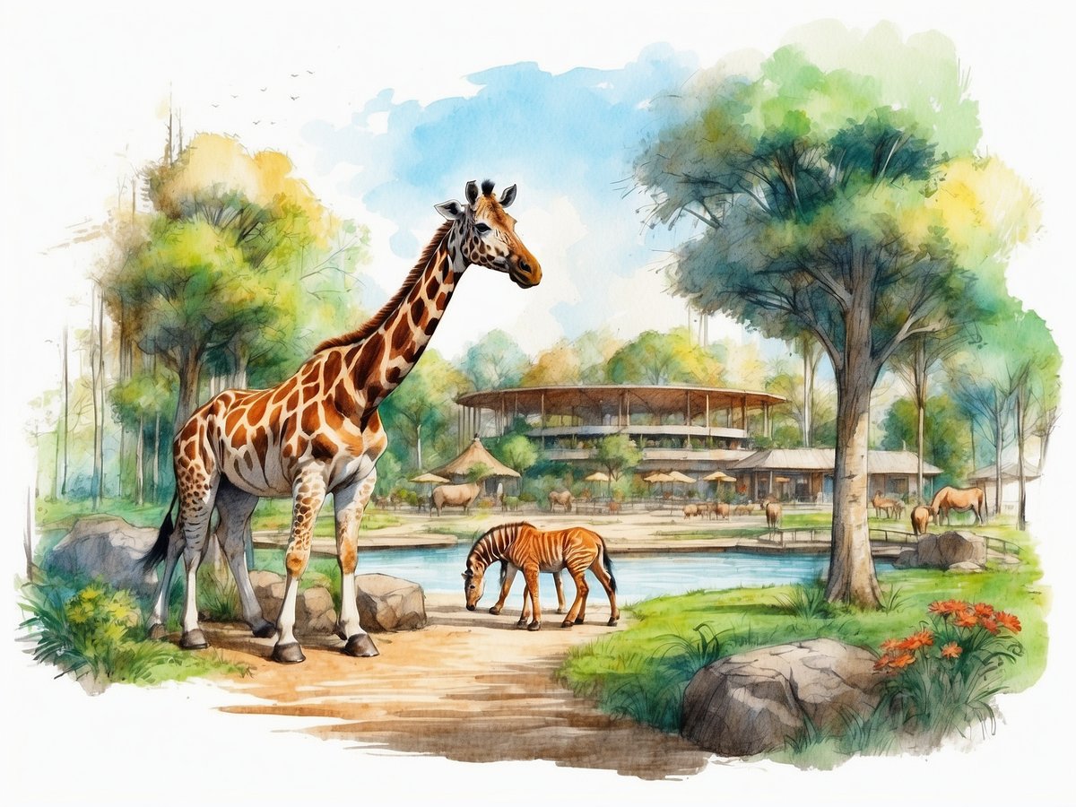 Zu sehen ist eine wunderschöne Zeichnung des Tierparks Nordhorn. Im Vordergrund steht eine große Giraffe neben einem kleinen Zebra, das am Wasser grast. Im Hintergrund ist ein modernes Gebäude mit einer runden Veranda, umgeben von Bäumen und einer grünen Landschaft. Einige andere Tiere sind ebenfalls in der Umgebung sichtbar. Die Szene vermittelt eine ruhige, naturnahe Atmosphäre.